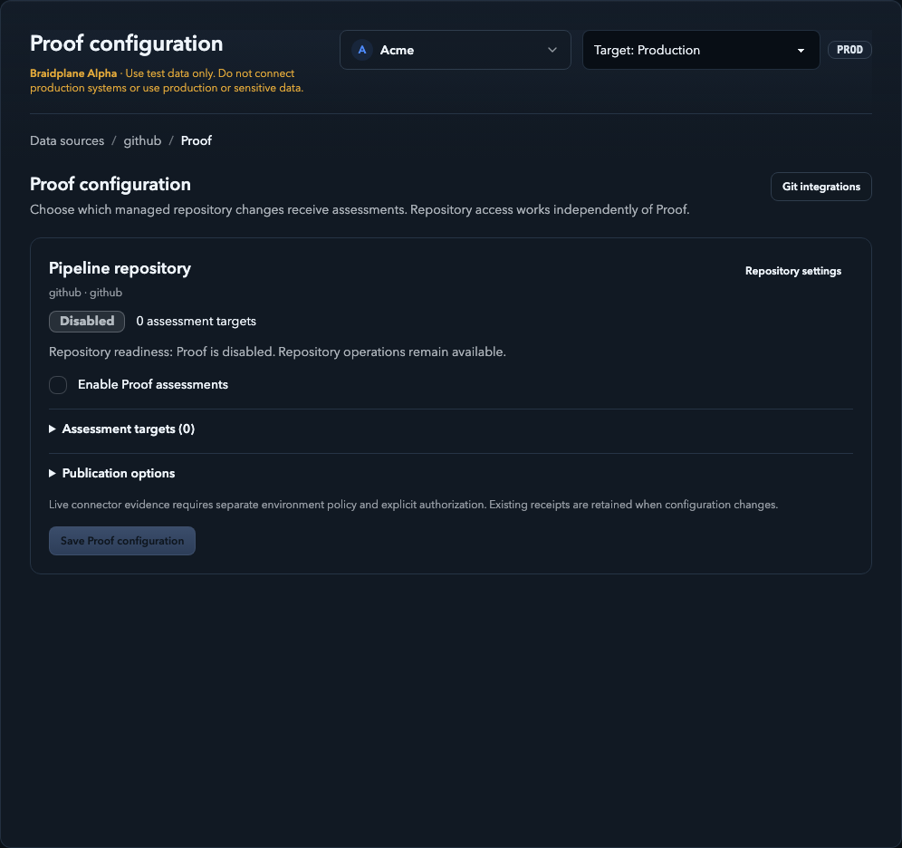 Proof configuration with repository readiness, an unchecked assessment enablement control, and separate Assessment targets and Publication options disclosures.